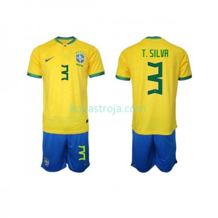 Billiga Fotbollströjor Brasilien Thiago Silva 3 Barn Hemma tröja WM 2022 Kortärmad